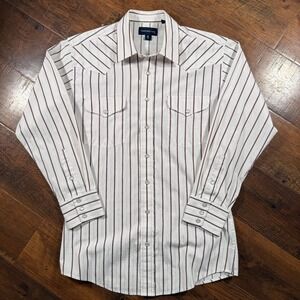 Panhandle Slim Mens Western Shirt Medium White Maroon Stripe Pearl Snap 30S5607